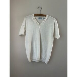 Vintage Knit Top Lace Collar Short Sleeve Cream Cottagecore Knit Romantic